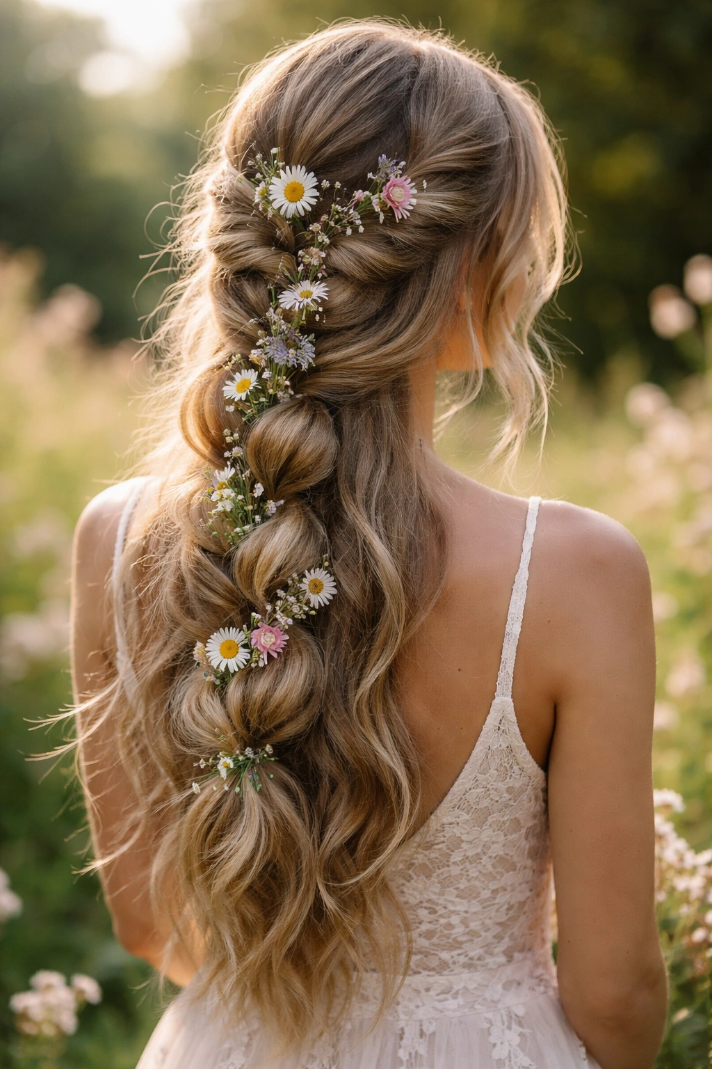 Boho bubble braid with fresh wildflowers woven through