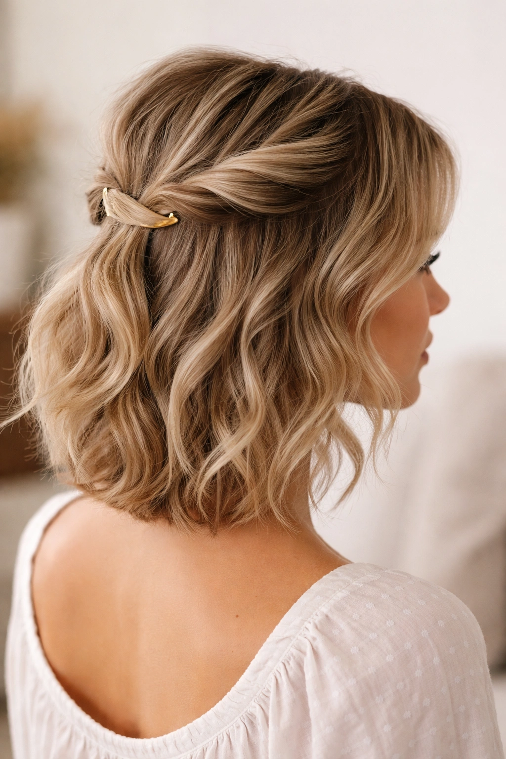 Short hair half-up with curved clip and loose waves
