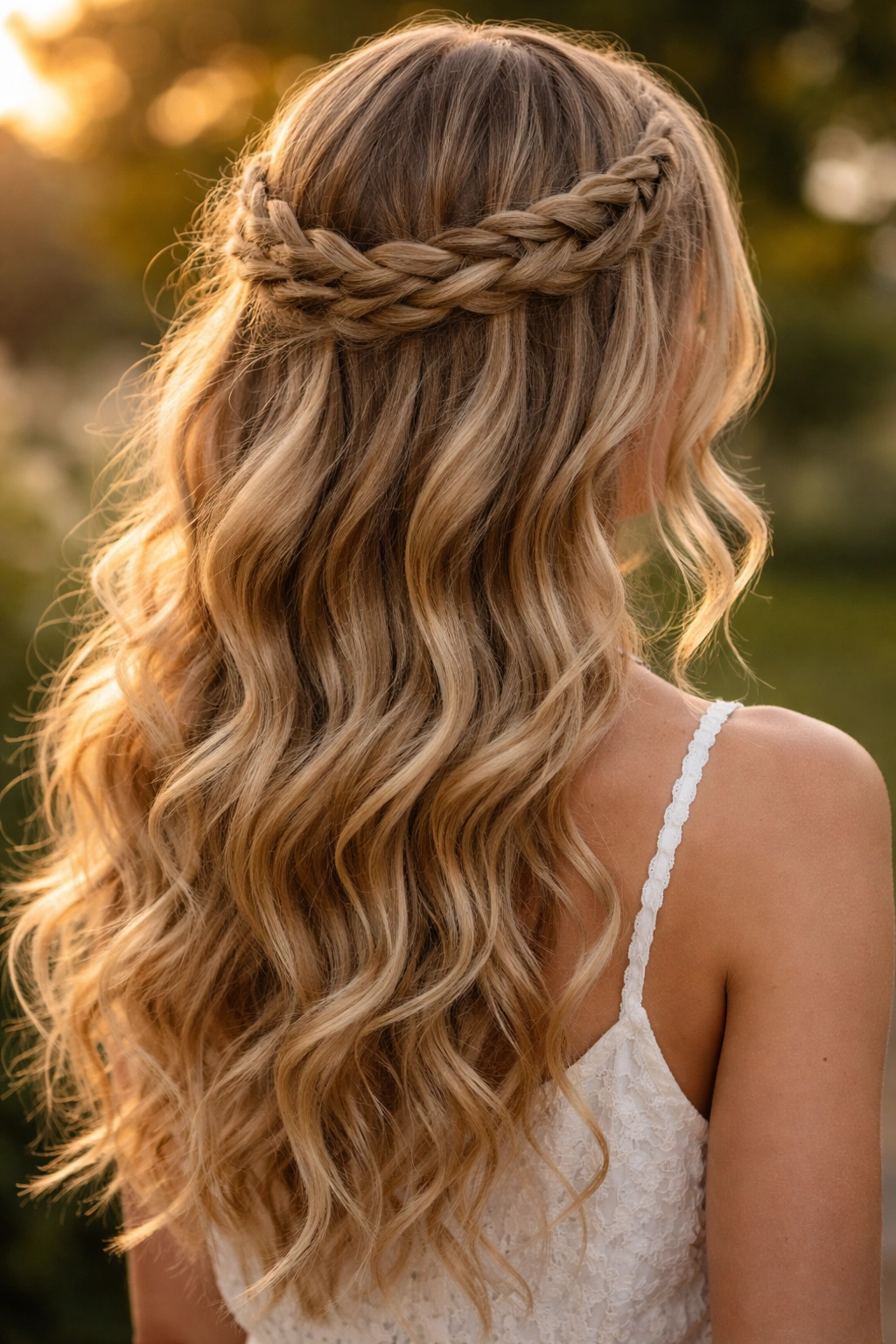 Close-up of a boho crown braid with loose curls in natural light