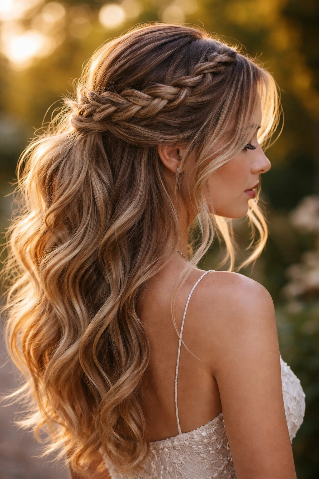 Boho crown half-up hairstyle with textured waves