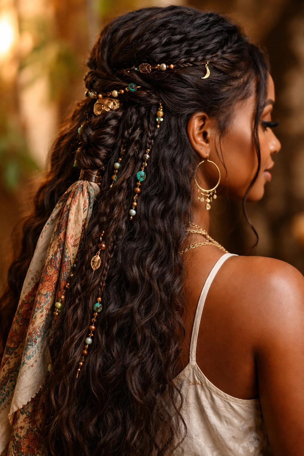 Boho fishtail half-up with beads and accessories woven in