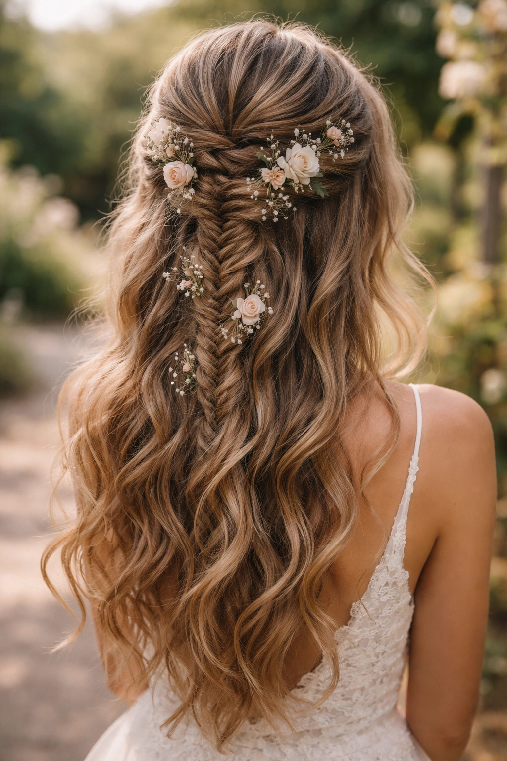 Boho fishtail half up with delicate florals and flowing waves