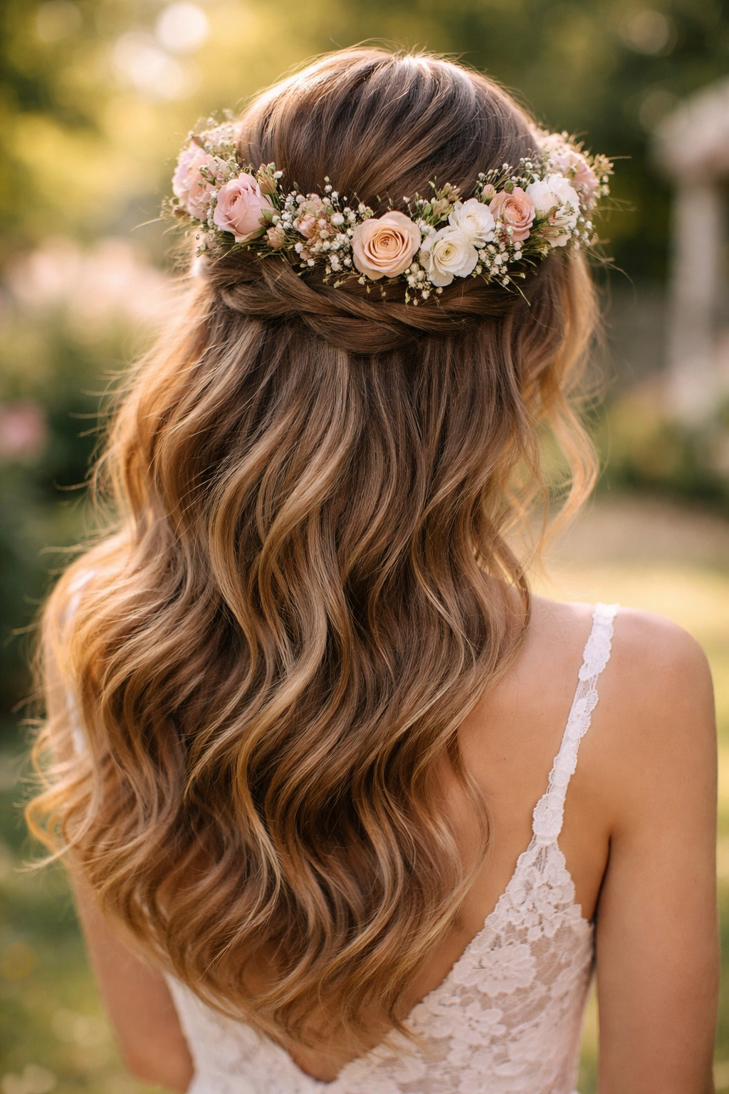 Half-up hairstyle with a flower crown and loose waves