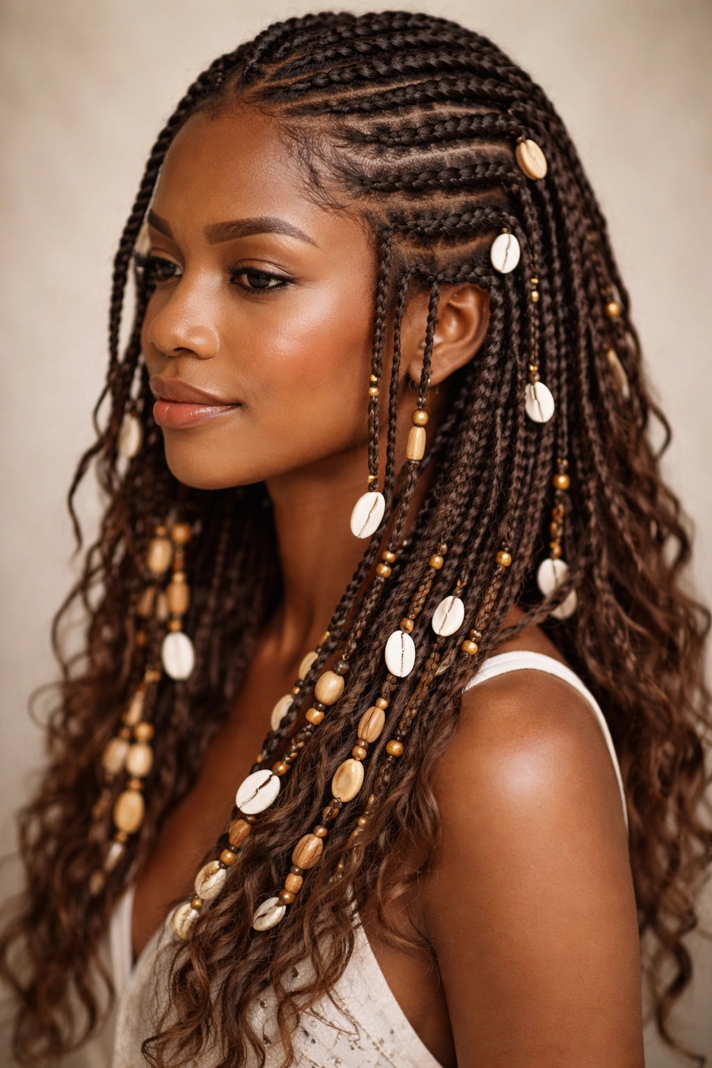Boho Fulani crochet braids with shells and beads threaded through hair