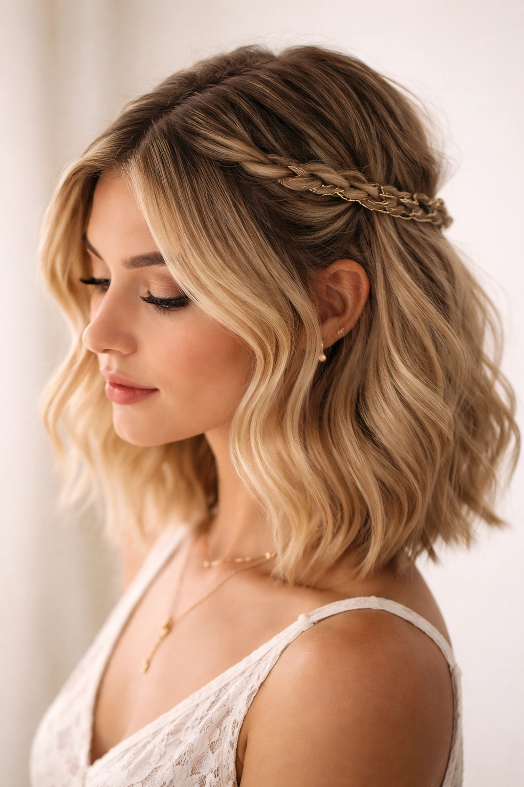 Close-up of a boho half-up hairstyle with two temple twists and a delicate chain woven between them.