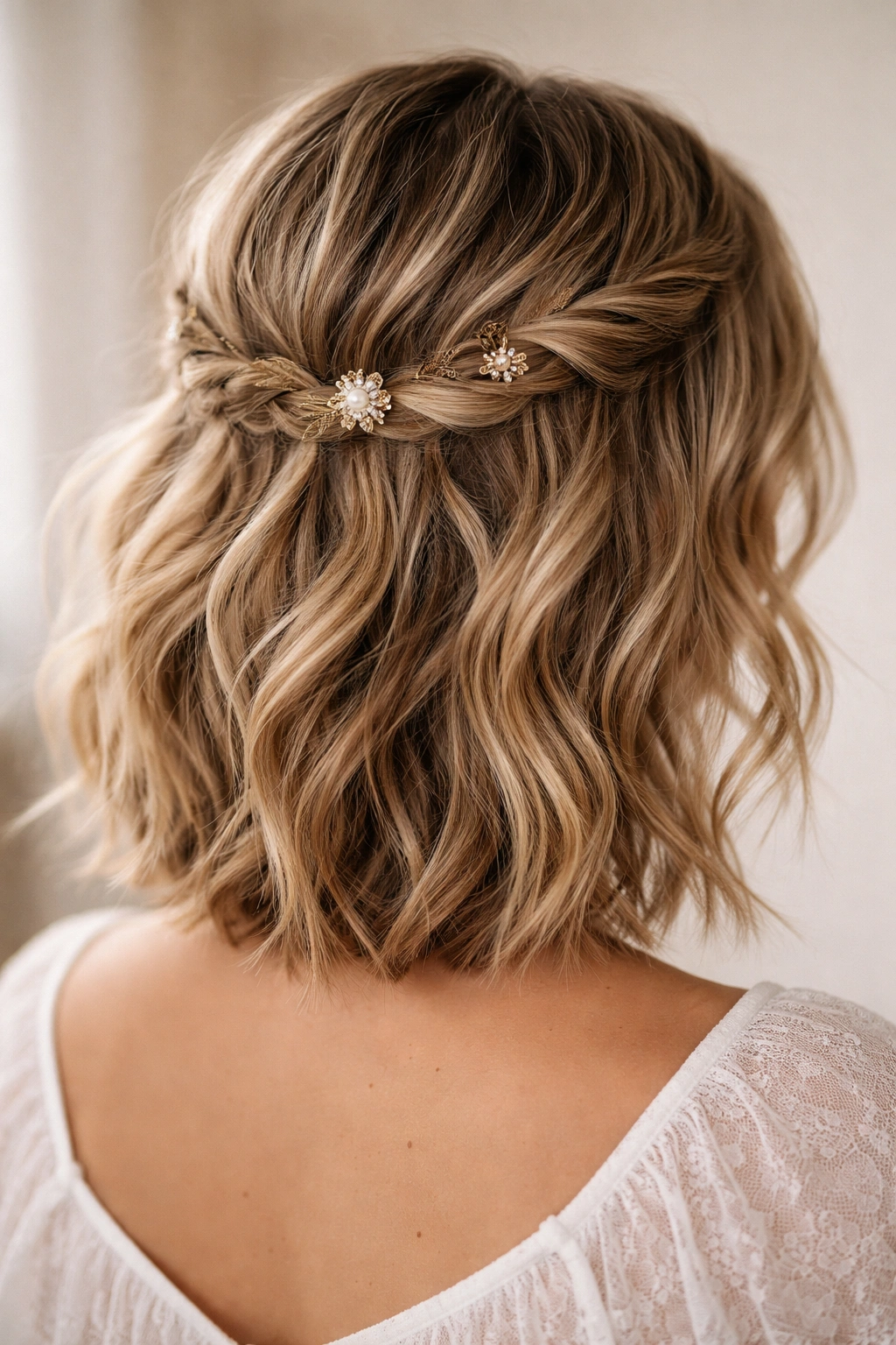 Loose crown of hair with scattered small clips along the back of the head.