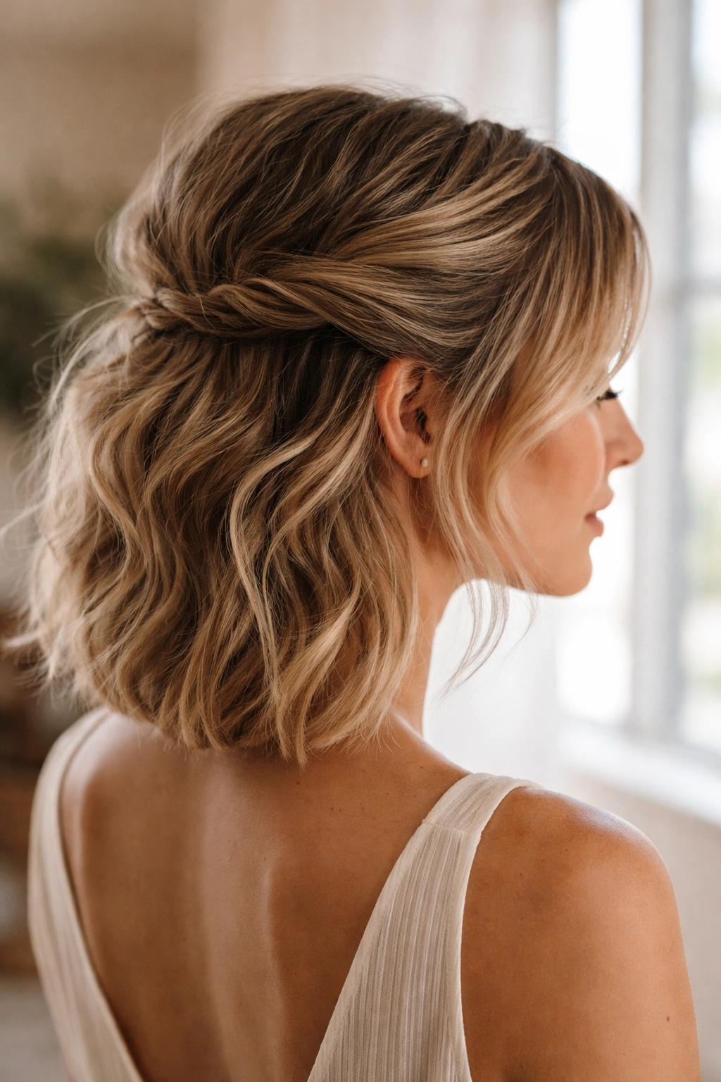 Side view of swept-back boho half-up with hidden pins and textured waves.