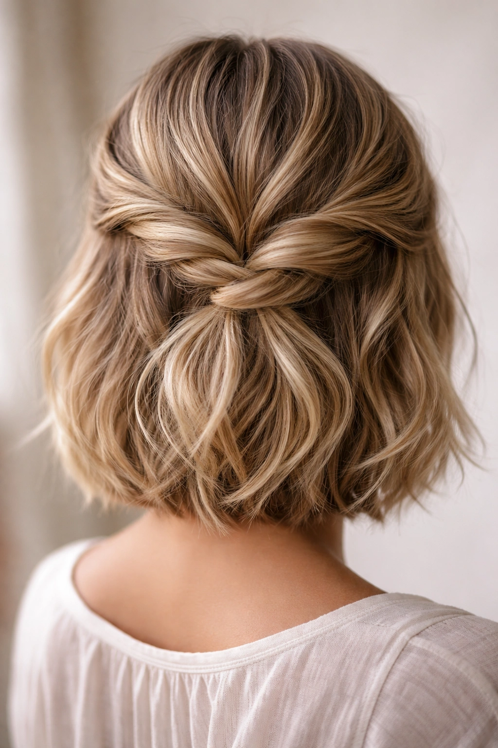 Three twists intertwined at the back forming a low, dimensional updo.