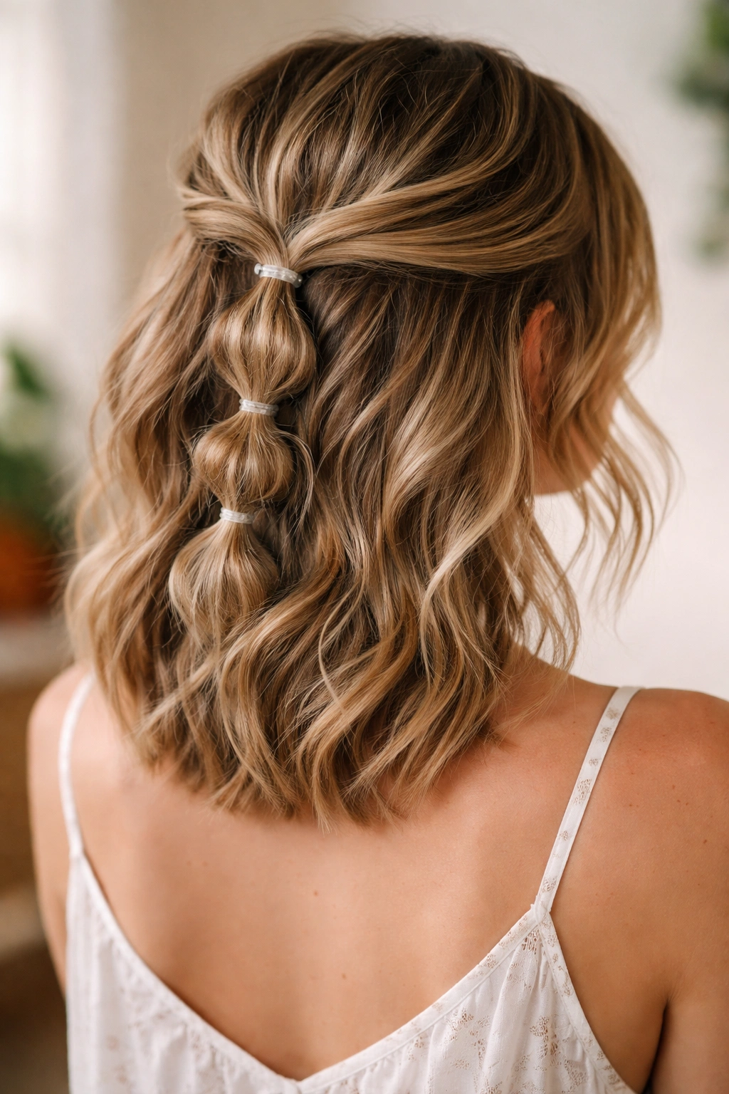 Bubble braid half-up with multiple clear elastics creating bubble segments on back of head
