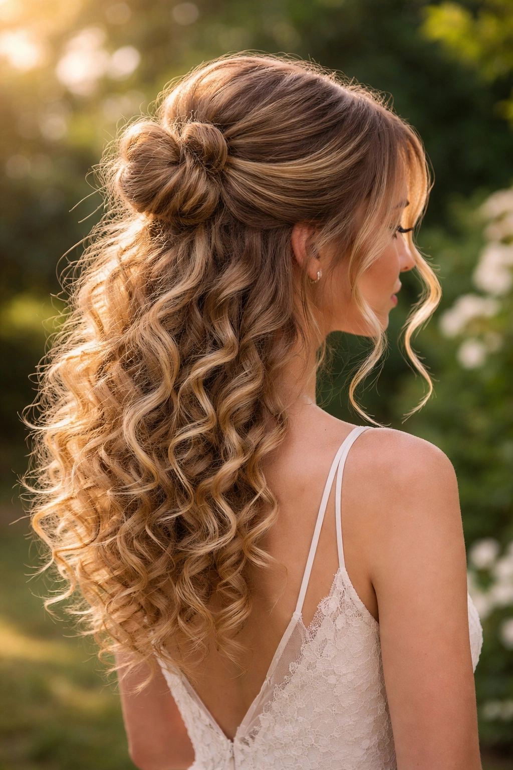 Romantic boho half-up bun with defined curls and face-framing wisps
