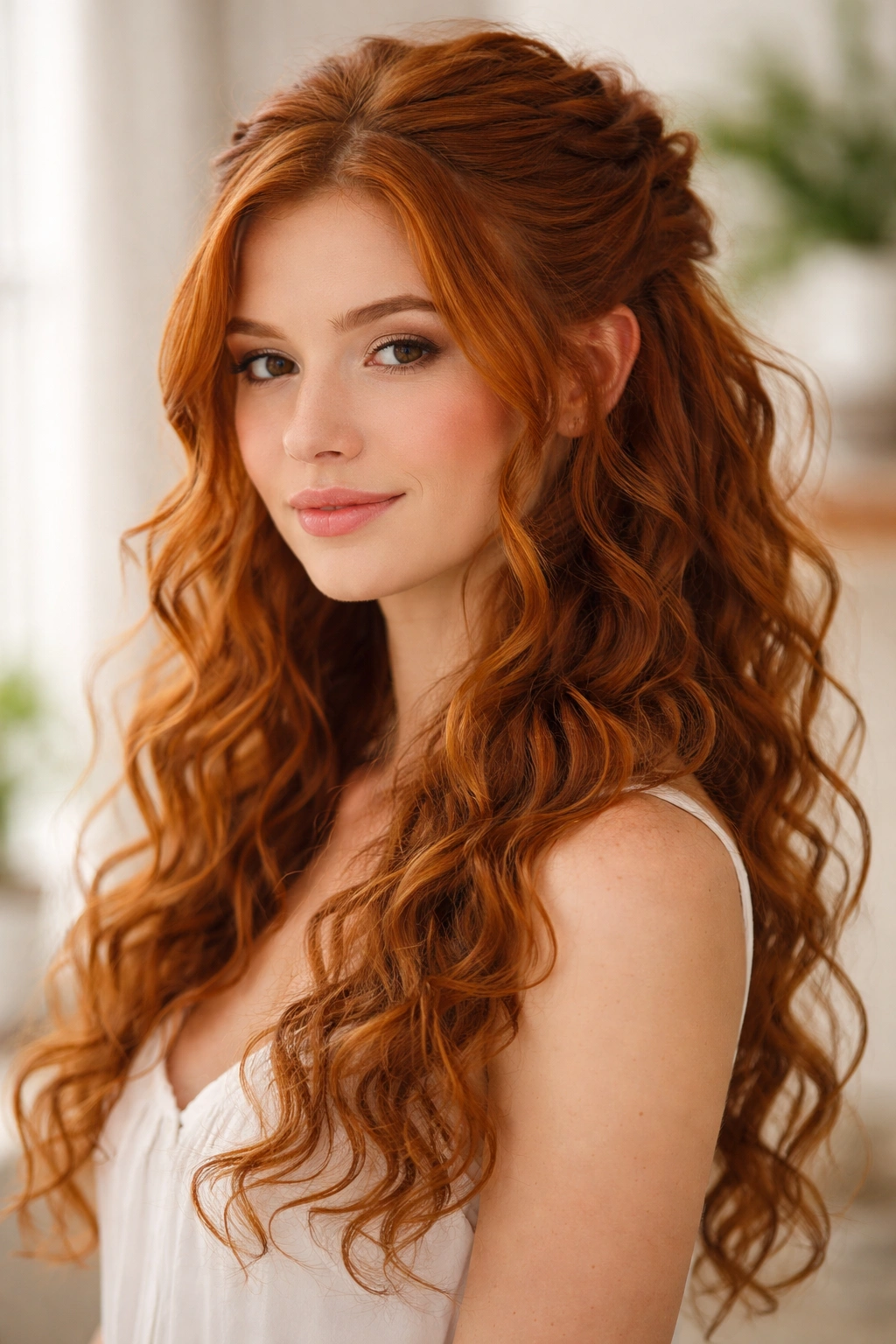 Boho half-up hairstyle with loose cascading curls on red hair