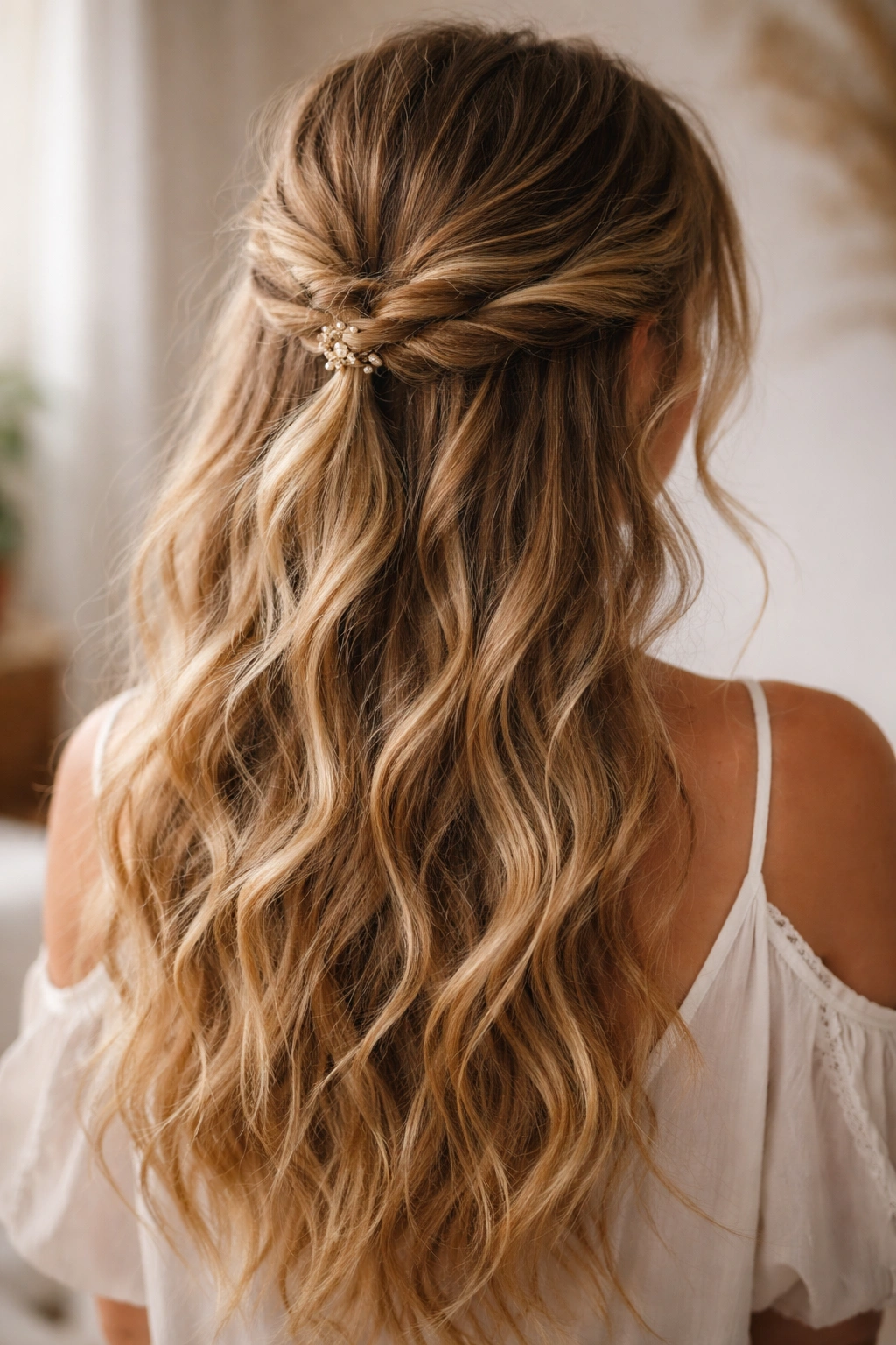 Close-up of a boho half-up half-down hairstyle with loose waves and twisted crown