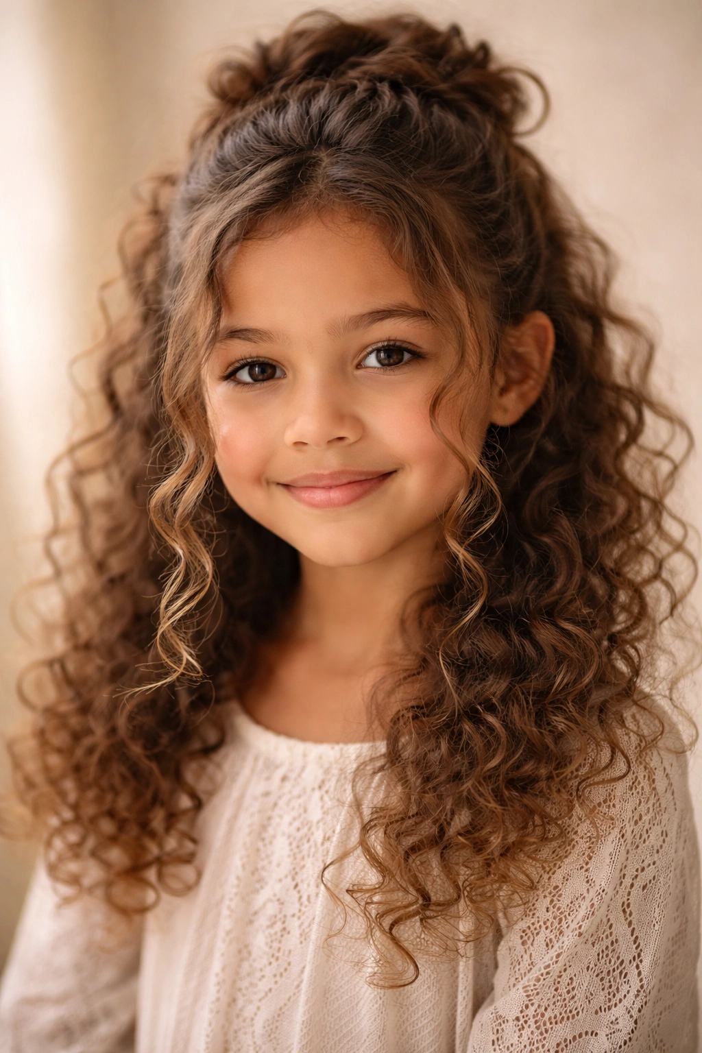 Boho half-up hairstyle with wispy face-framing curls in a relaxed bohemian look.