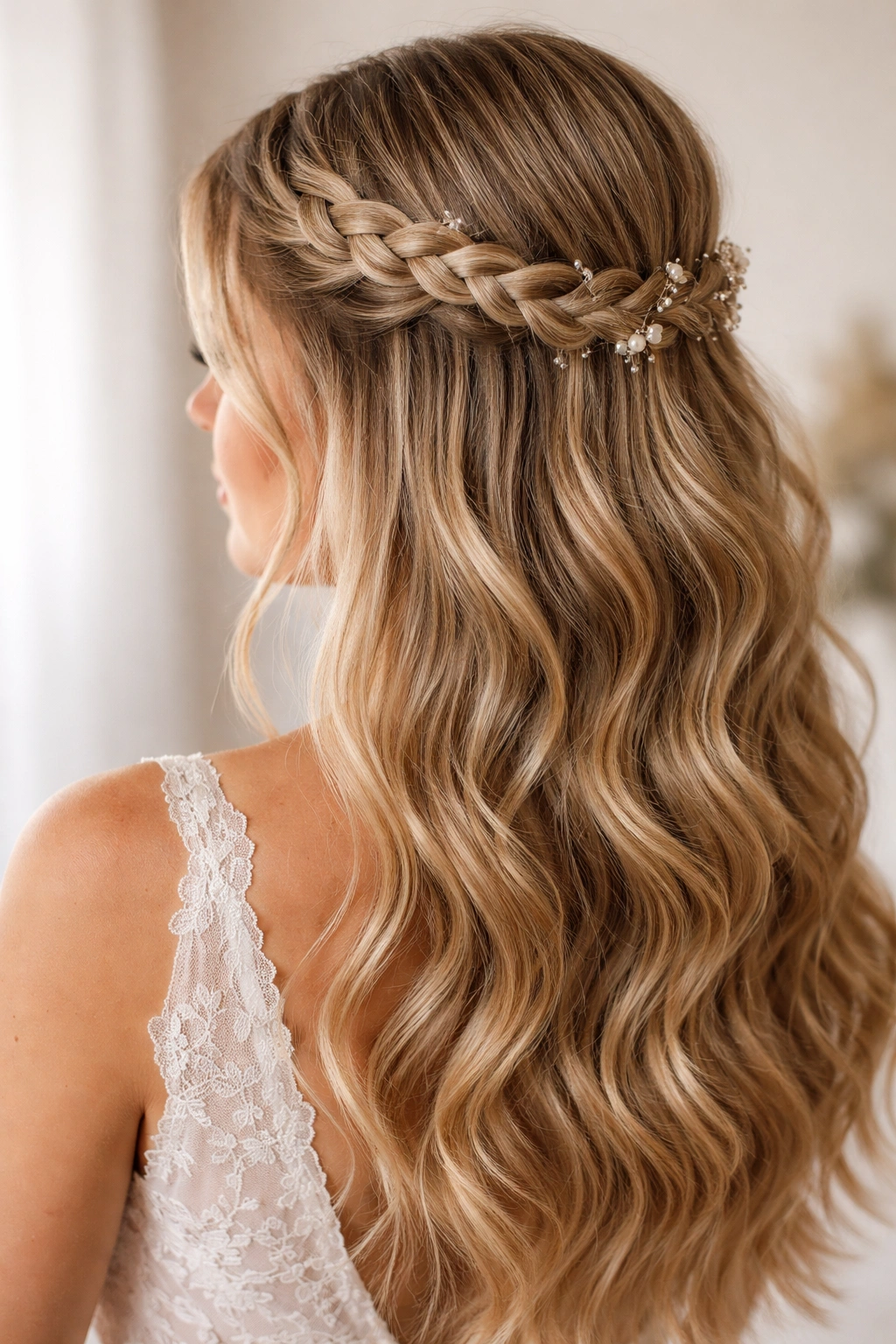 Hair wrapped with boho braids forming a half crown with loose waves