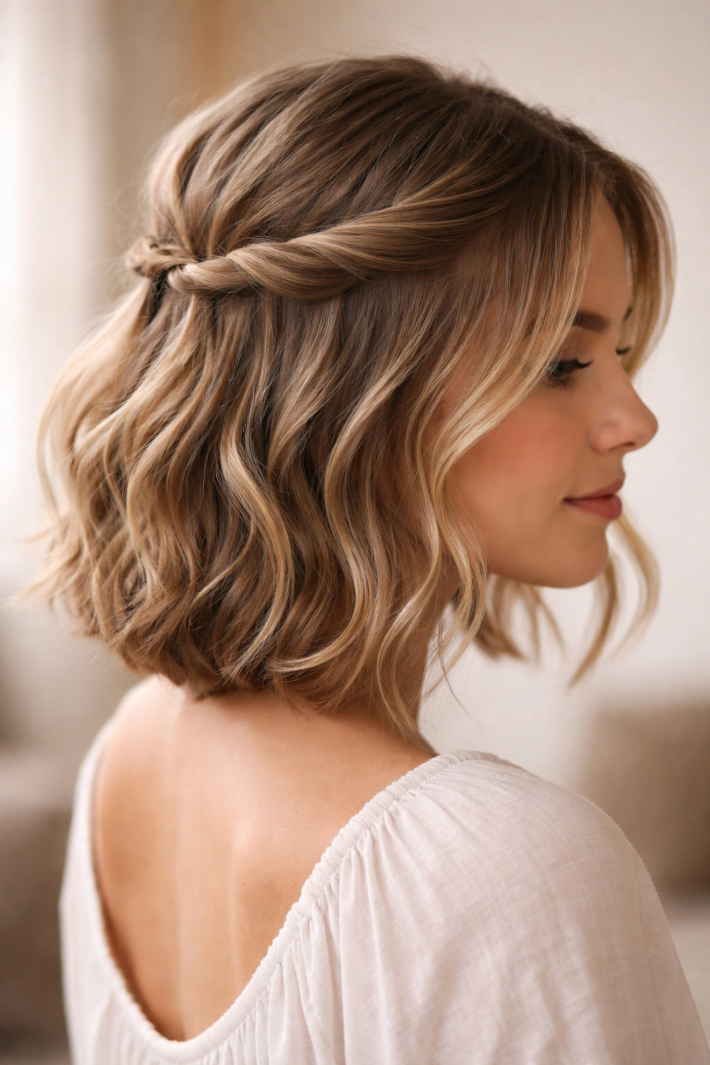 Close-up of short hair with two twisted face-framing sections meeting at back in a boho half-up style