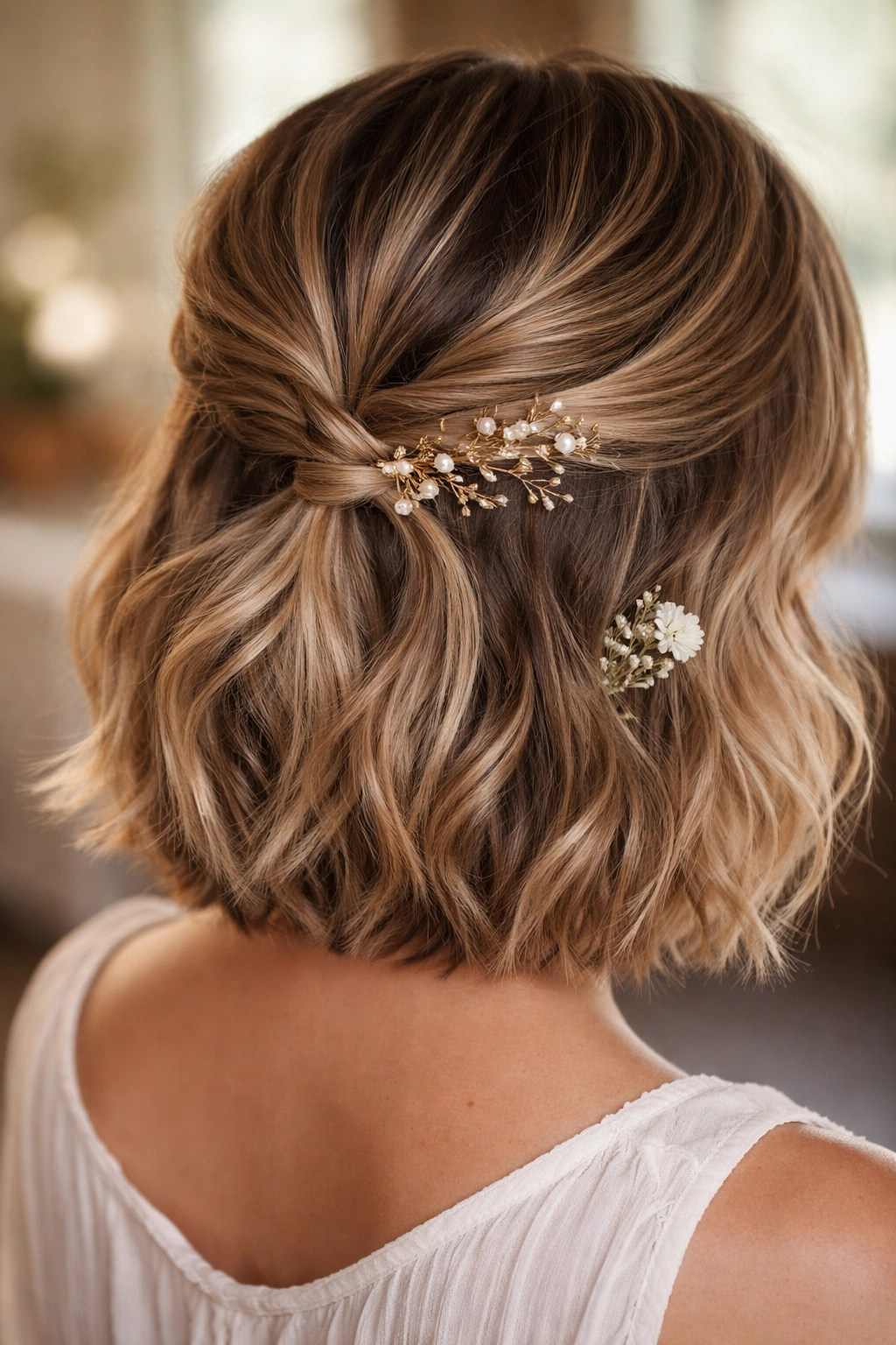 Short hair with a loose back knot and silk accessory behind the ear