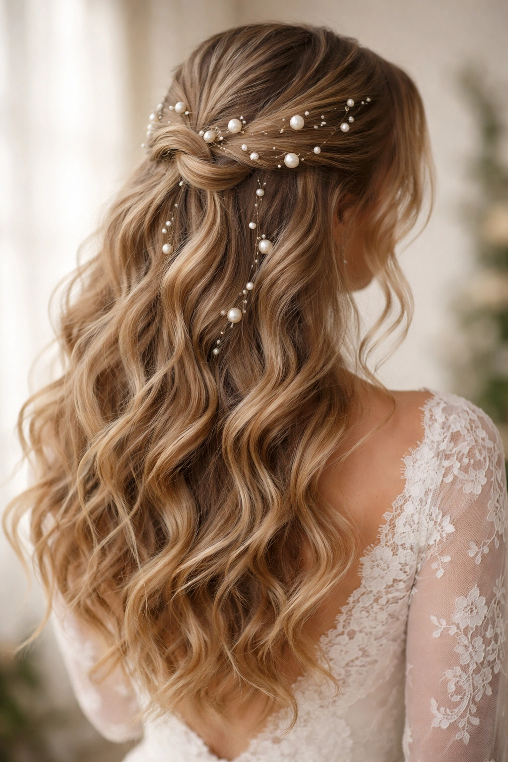 Relaxed boho waves with scattered pearl hair pieces