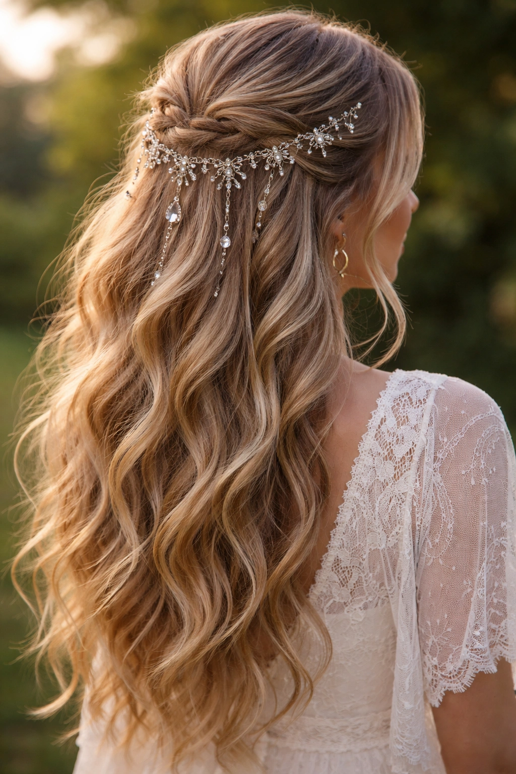 Close-up of boho rhinestone waterfall half-up hairstyle with loose waves