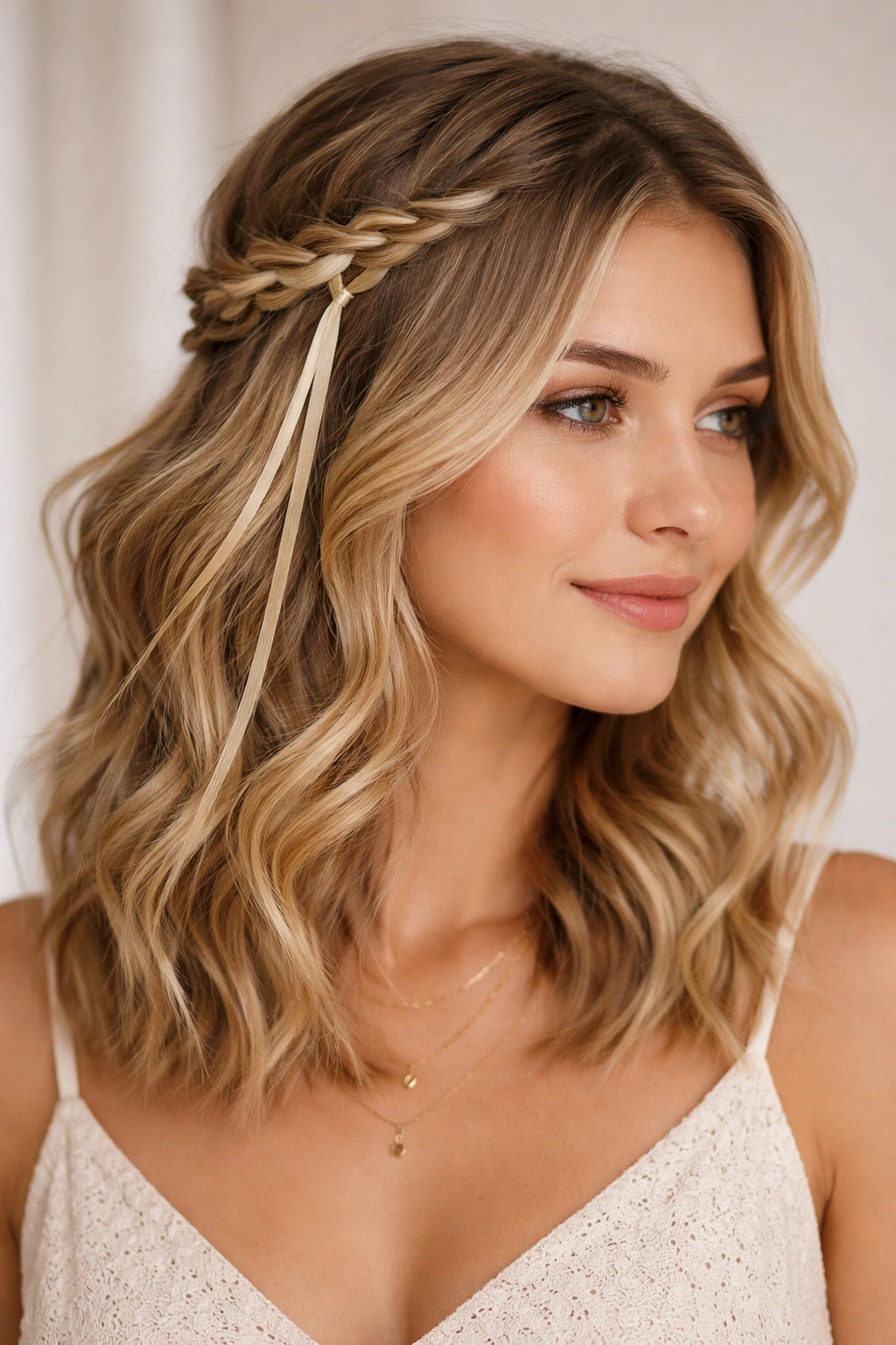 Face-framing half-up hairstyle woven with a ribbon while waves fall loose.