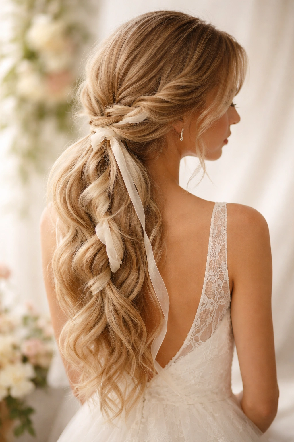 Boho side ponytail with ribbon weave for romantic wedding style
