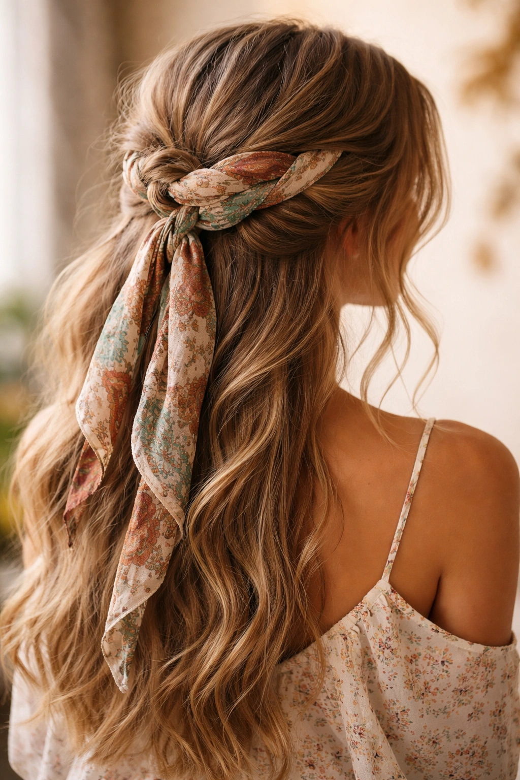 Close-up of The Boho Twisted Scarf Half-Up showing a twisted crown with flowing scarf ends