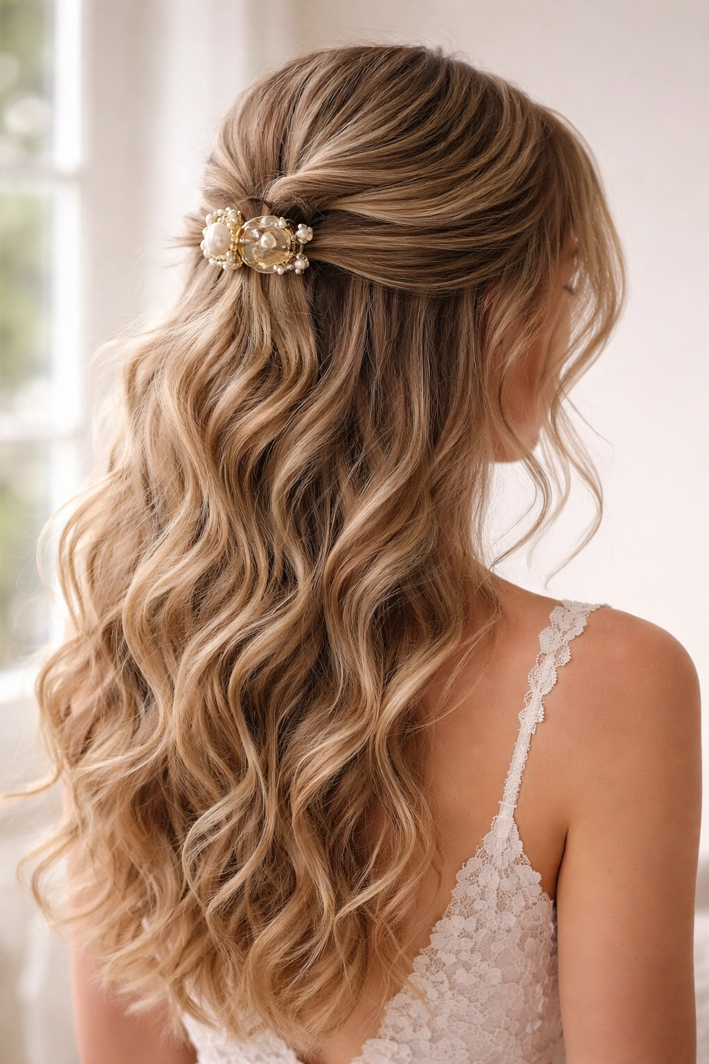 Head with loose boho waves and a top claw clip