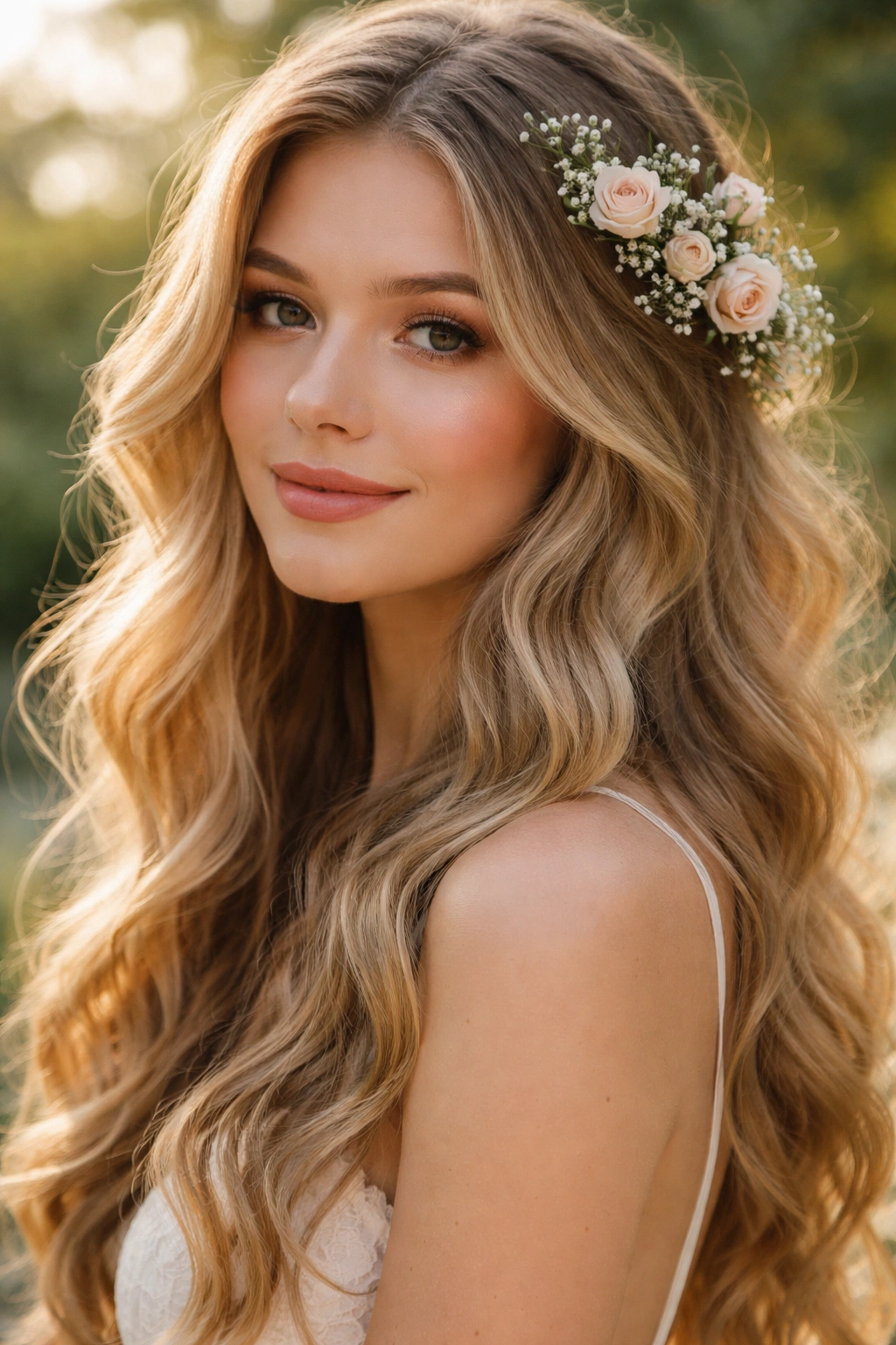 Loose boho-romantic waves with a small floral accent in the hair