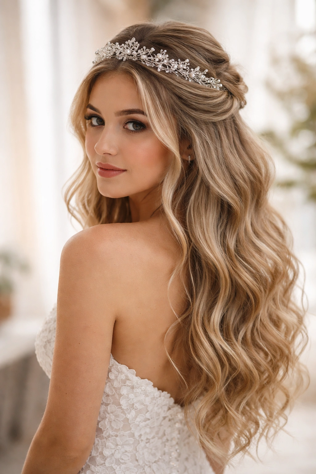 Boho waves with half-up gathered at crown and delicate tiara