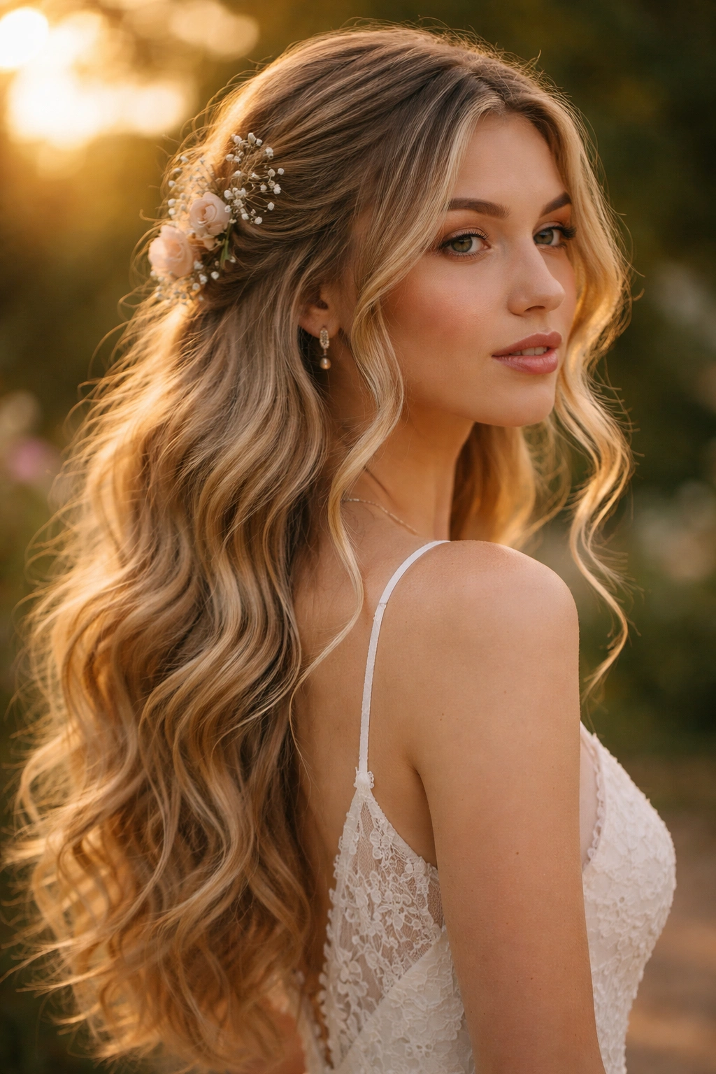Boho waves with delicate tendrils framing the face in warm natural light