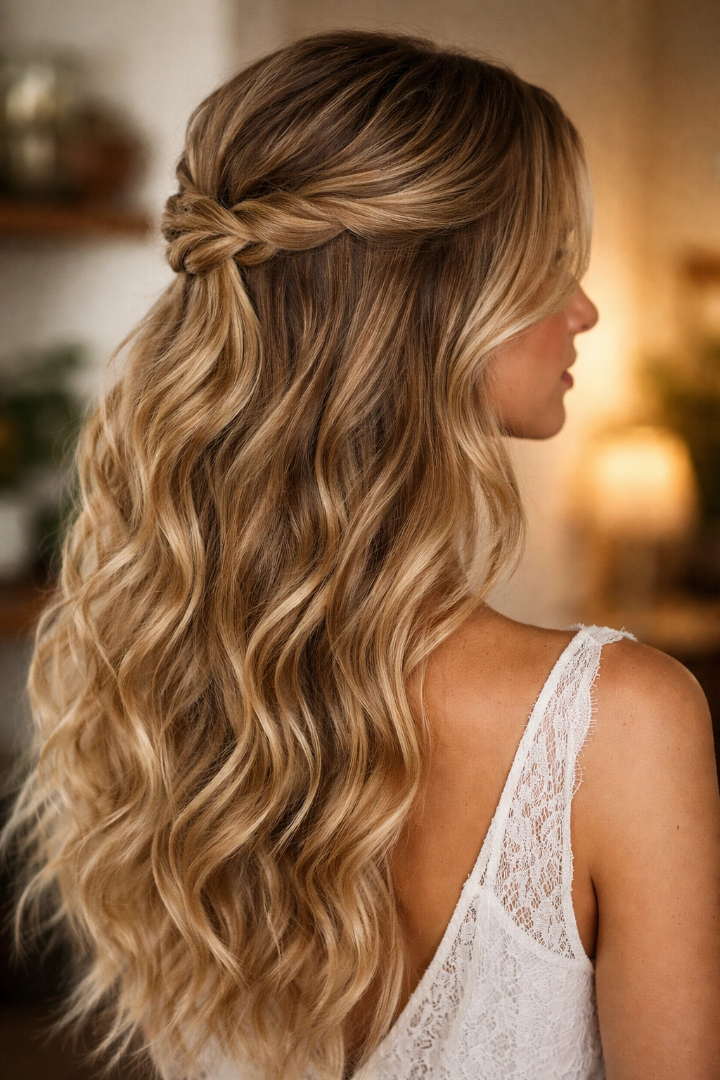 Boho wavy half up with texture paste showing loose waves