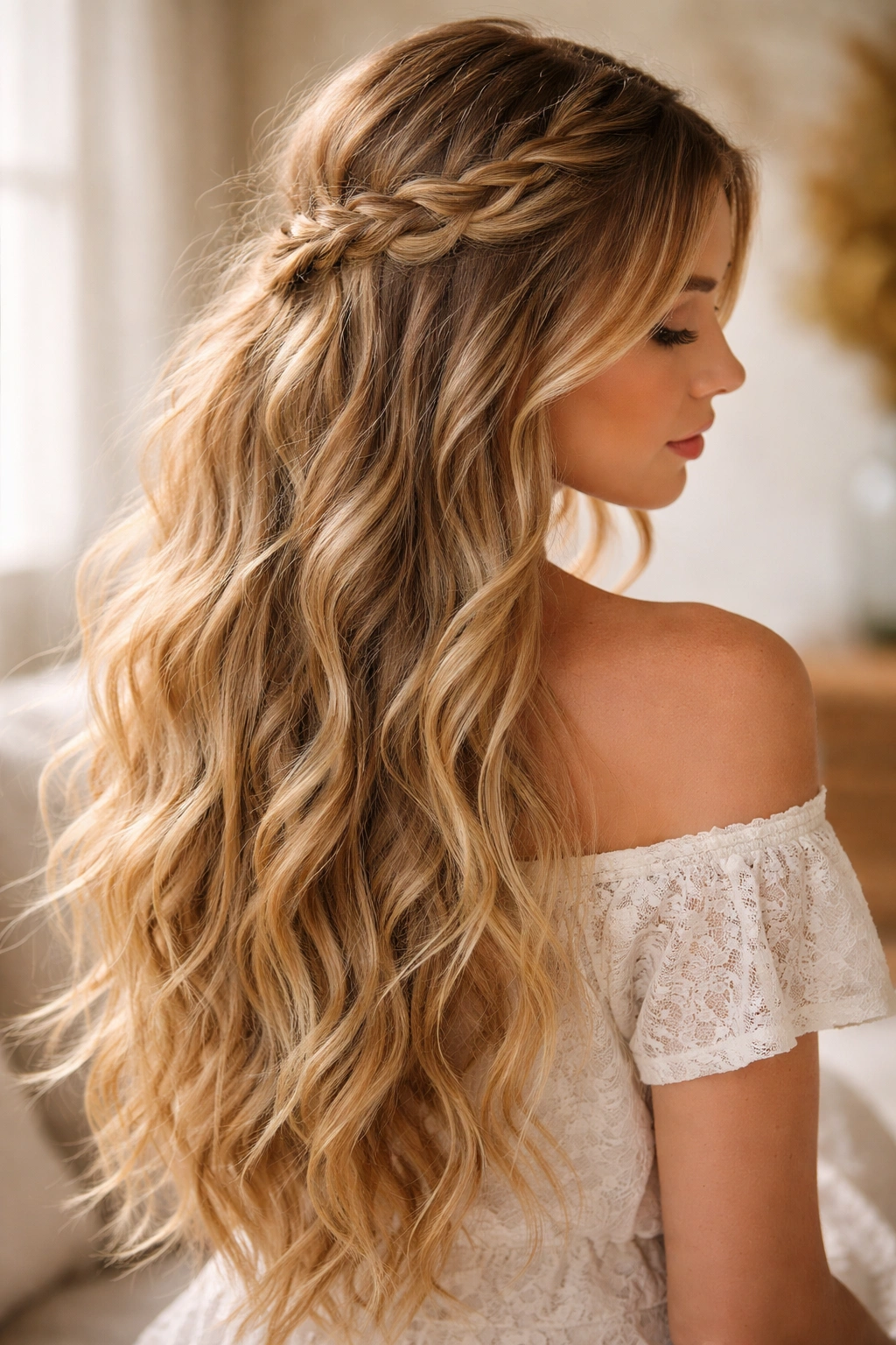 Loose boho weave with partial braid and natural waves