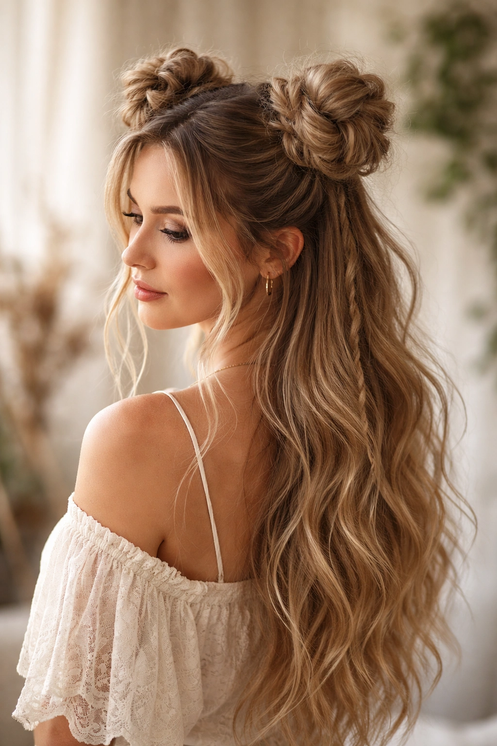 Boho wispy space buns with face-framing tendrils and soft texture
