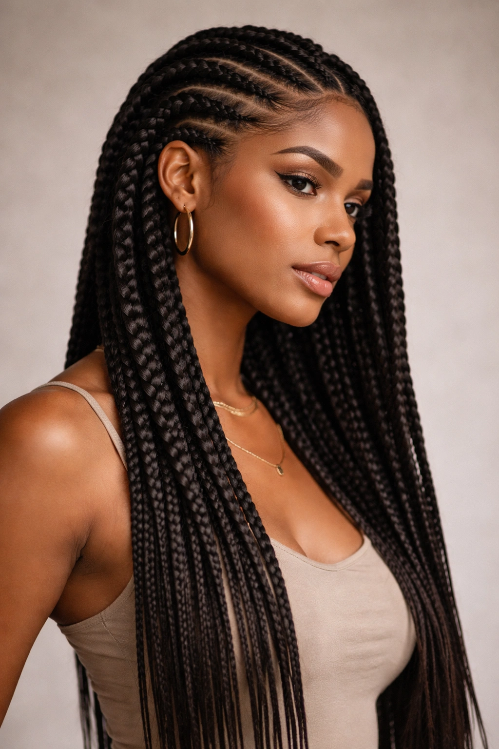 Profile of thick chunky cornrows along the side of the head