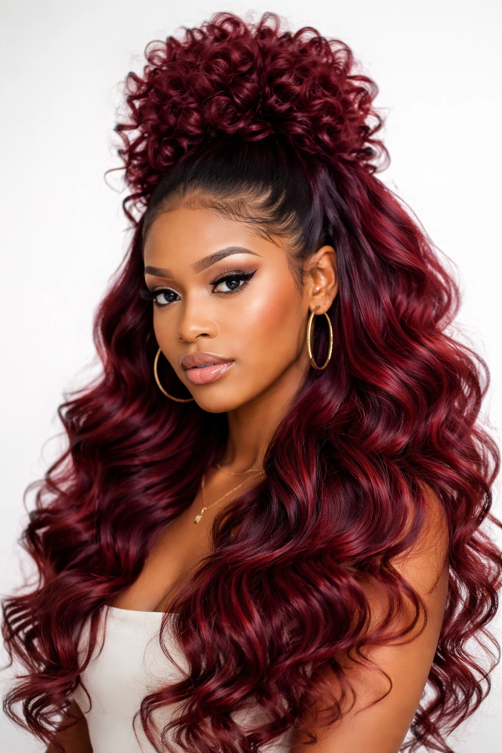 Bold colored curly puff at crown with cascading curls