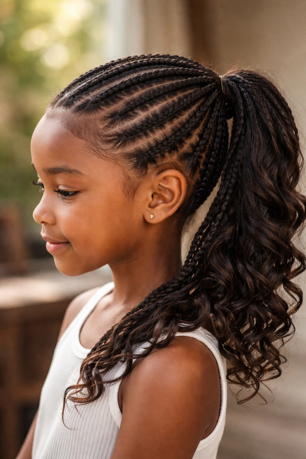 Side view of a child with boomerang cornrows leading into a side ponytail
