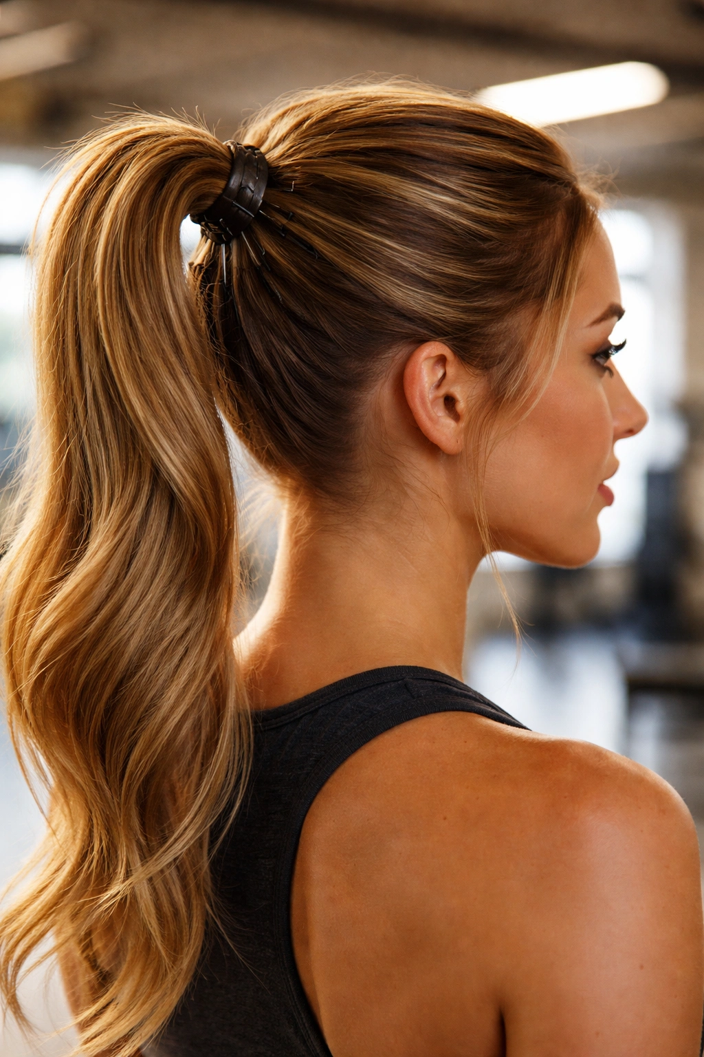 High crown ponytail secured with booster pins at the base.