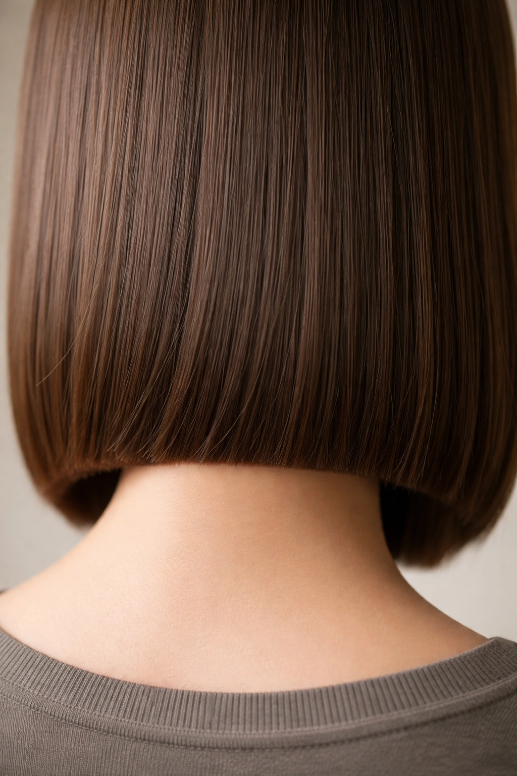 Close-up of a straight haircut showing a crisp bottom line at the neckline