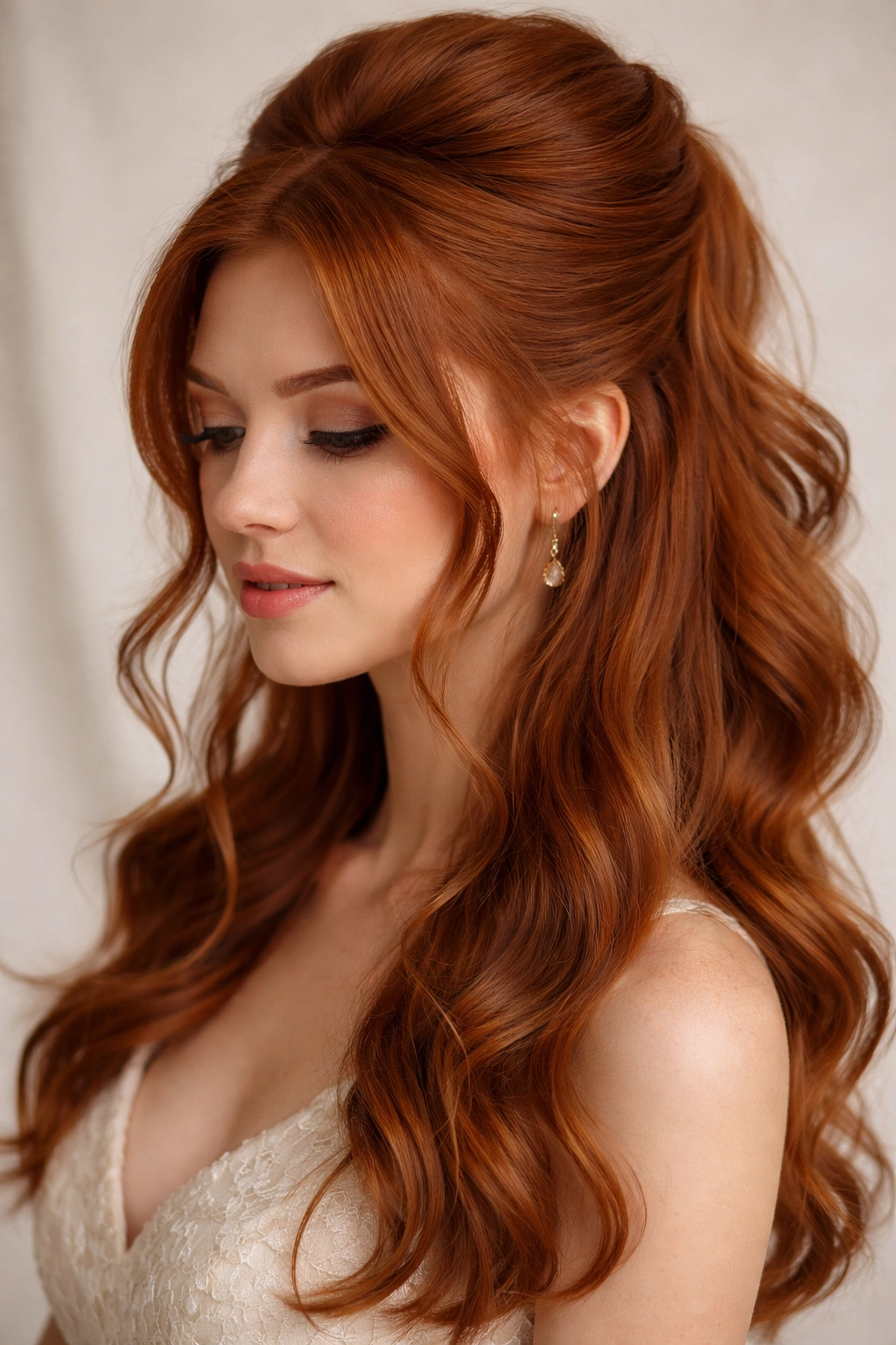 Bouffant crown half up hairstyle with loose tendrils on red hair