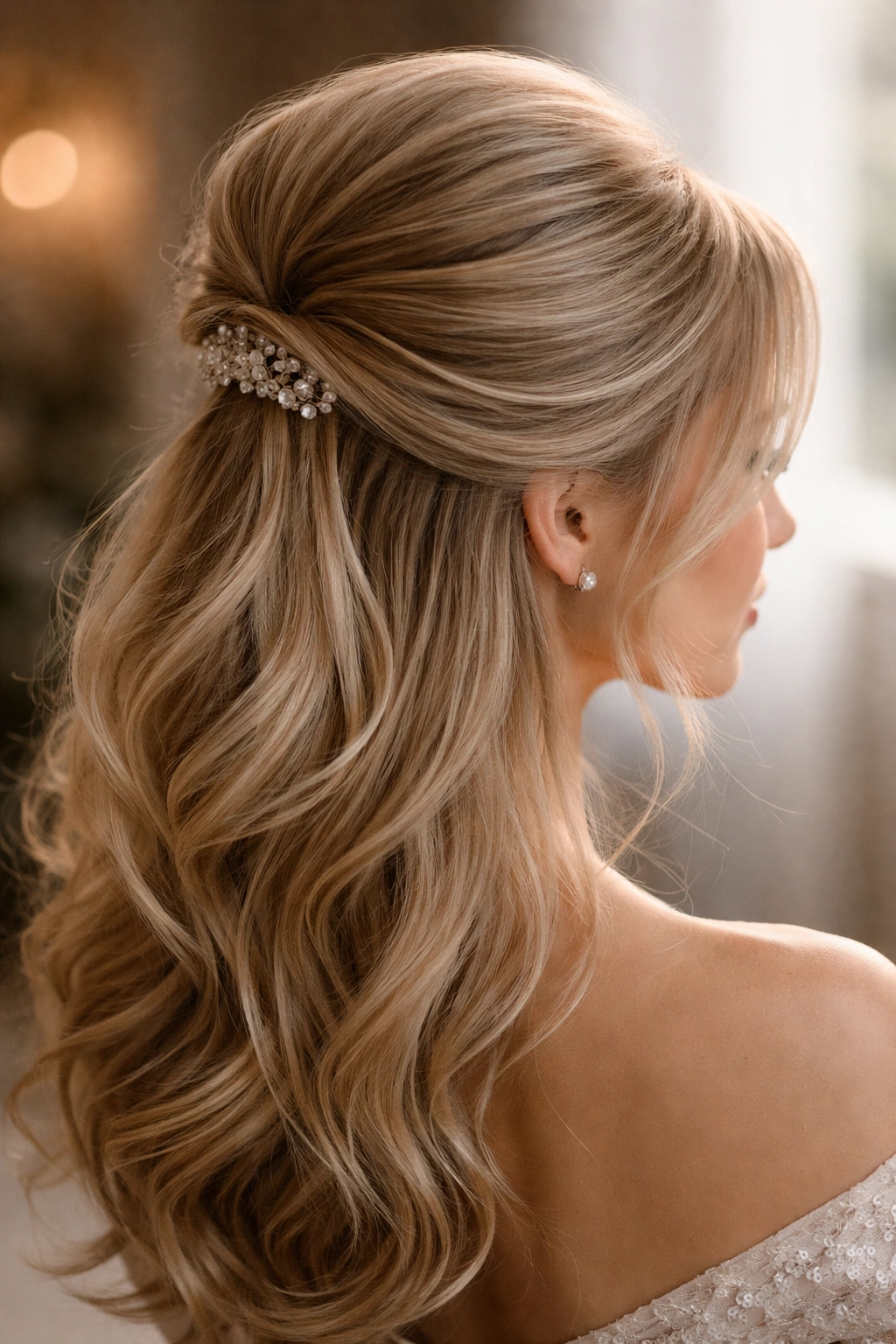 Bouffant crown half up hairstyle with voluminous crown on fine hair