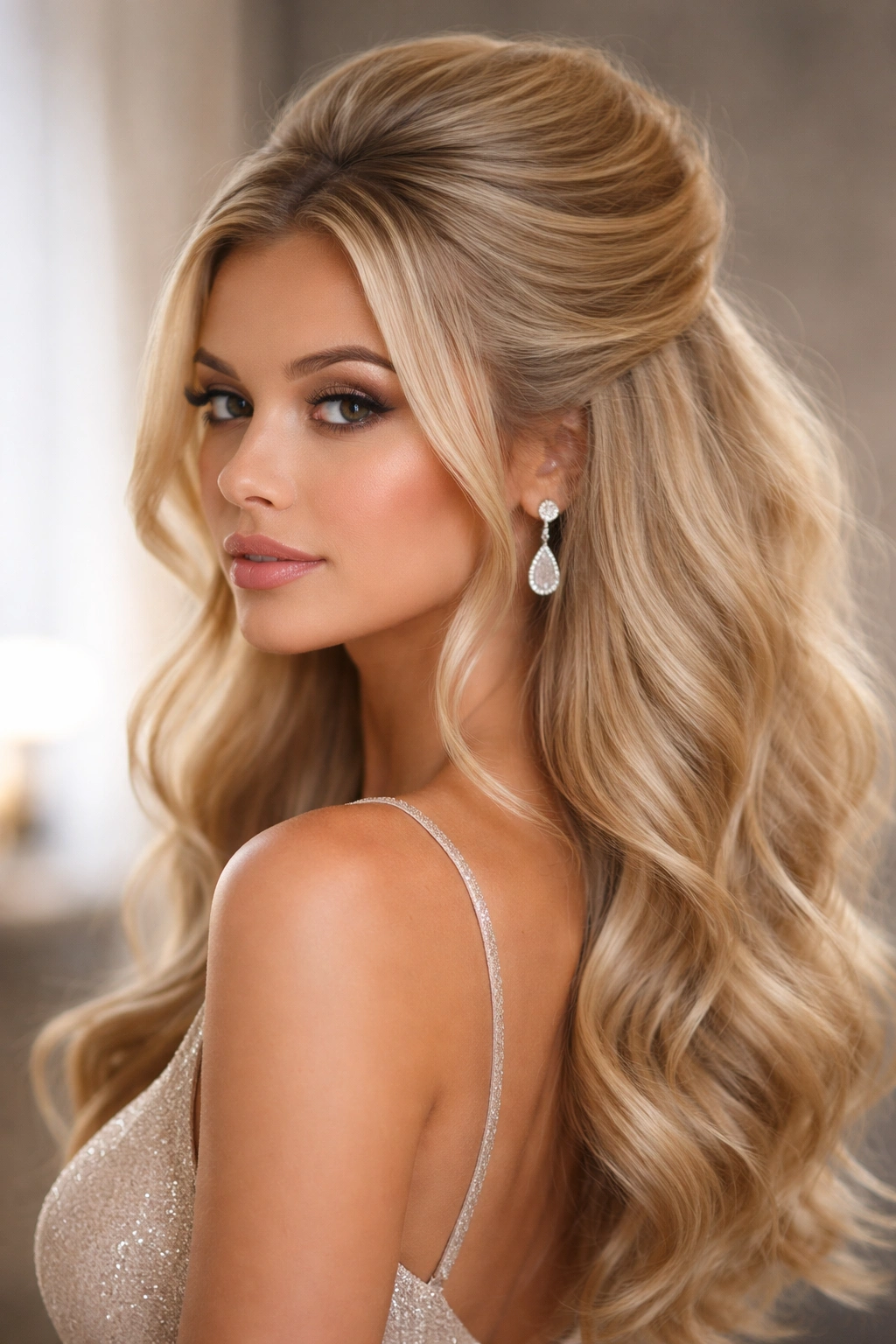 Front-side view of blonde hair with a bouffant crown and cascading waves
