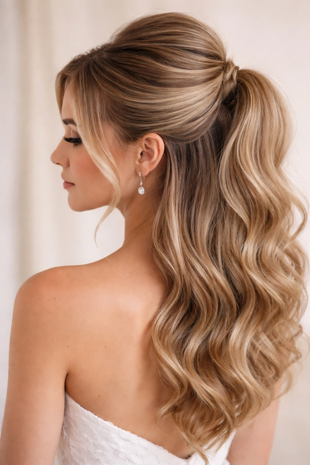 Bouffant half-up ponytail with crown-height volume