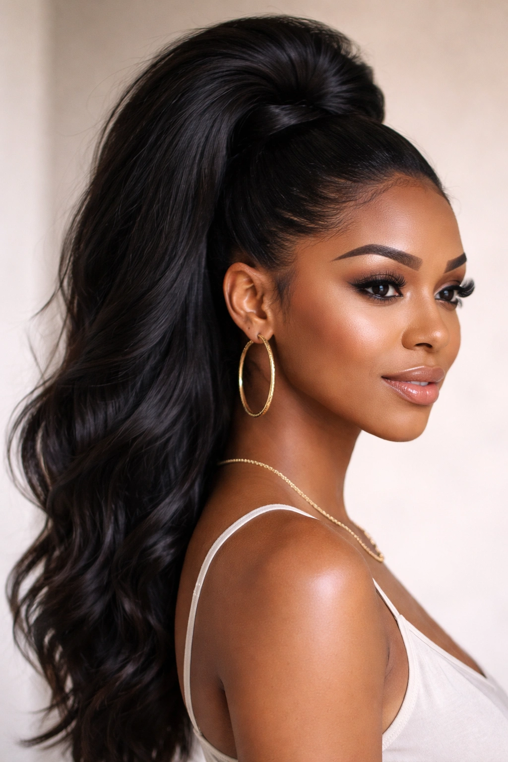 Bouffant high ponytail with teased crown and weave