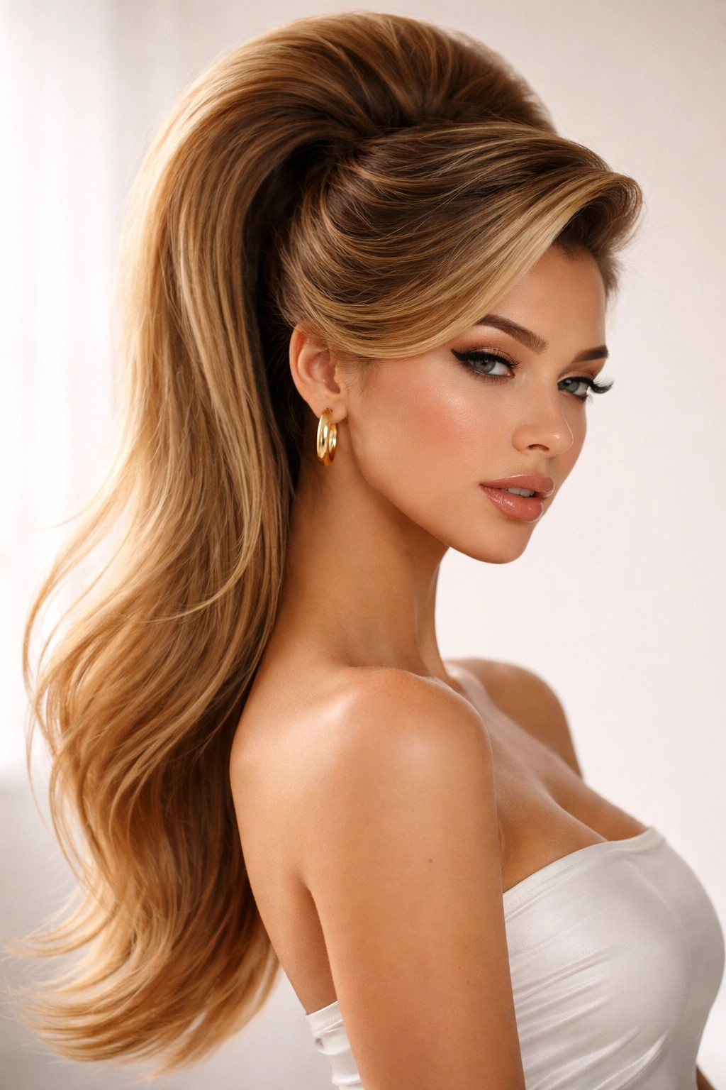 Dramatic bouffant crown with a full swoop curved into a ponytail