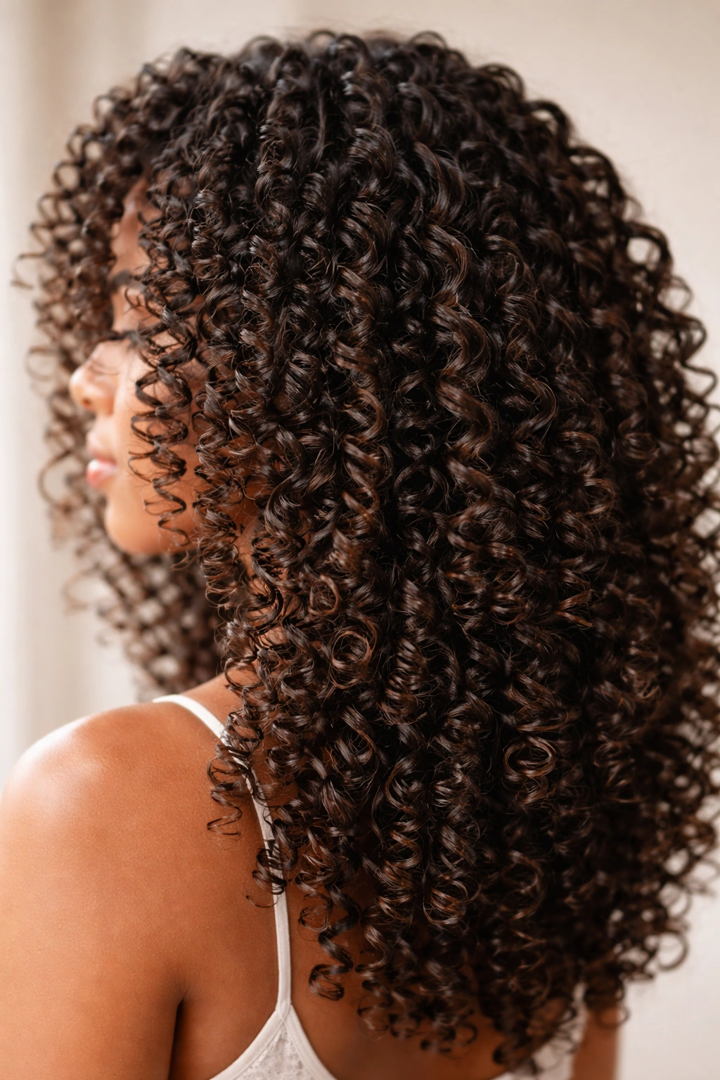Close-up of bouncy ringlets on defined coily hair catching light