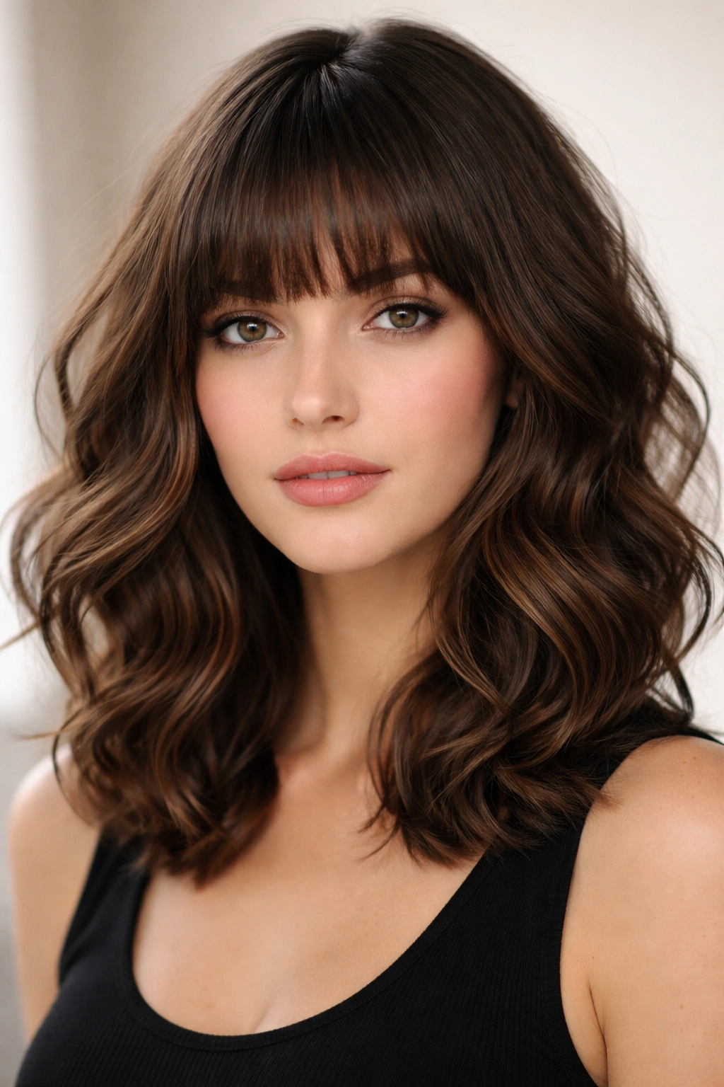 Portrait of a person with blunt bangs and bouncy waves, balanced forehead and eyes.