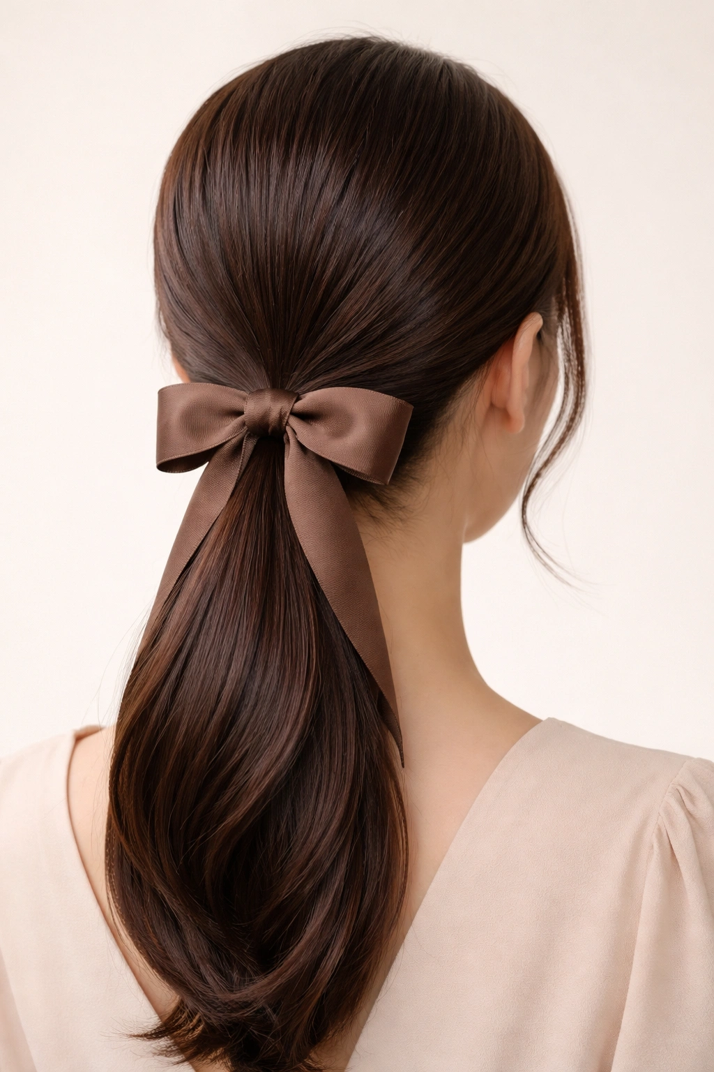 Sleek low ponytail with a bow accent at the base