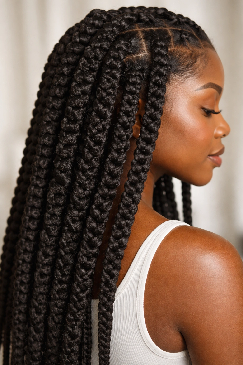 Close-up of box braids on 4C hair showing chunky, defined braids