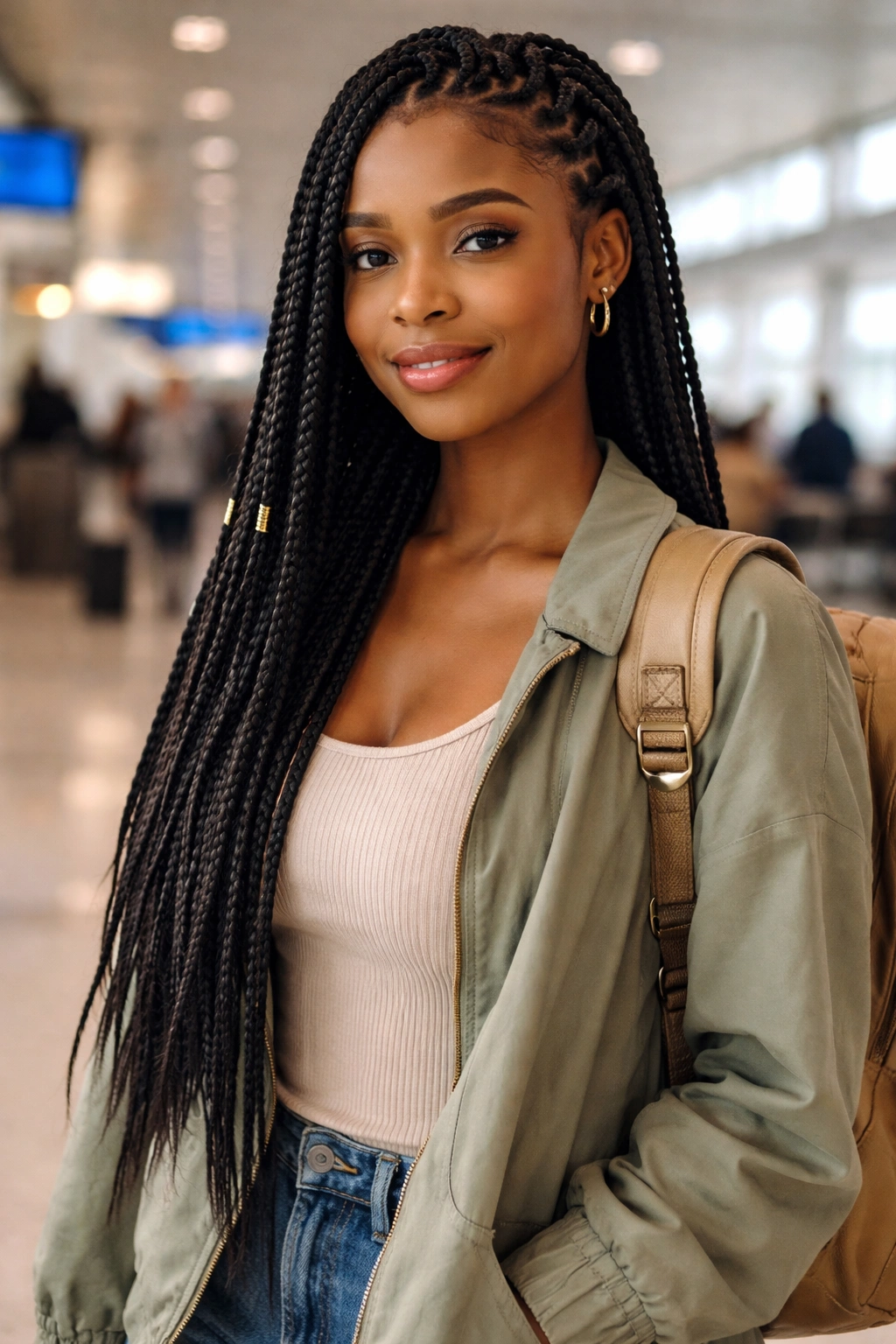 Box braids hairstyle for airport travel