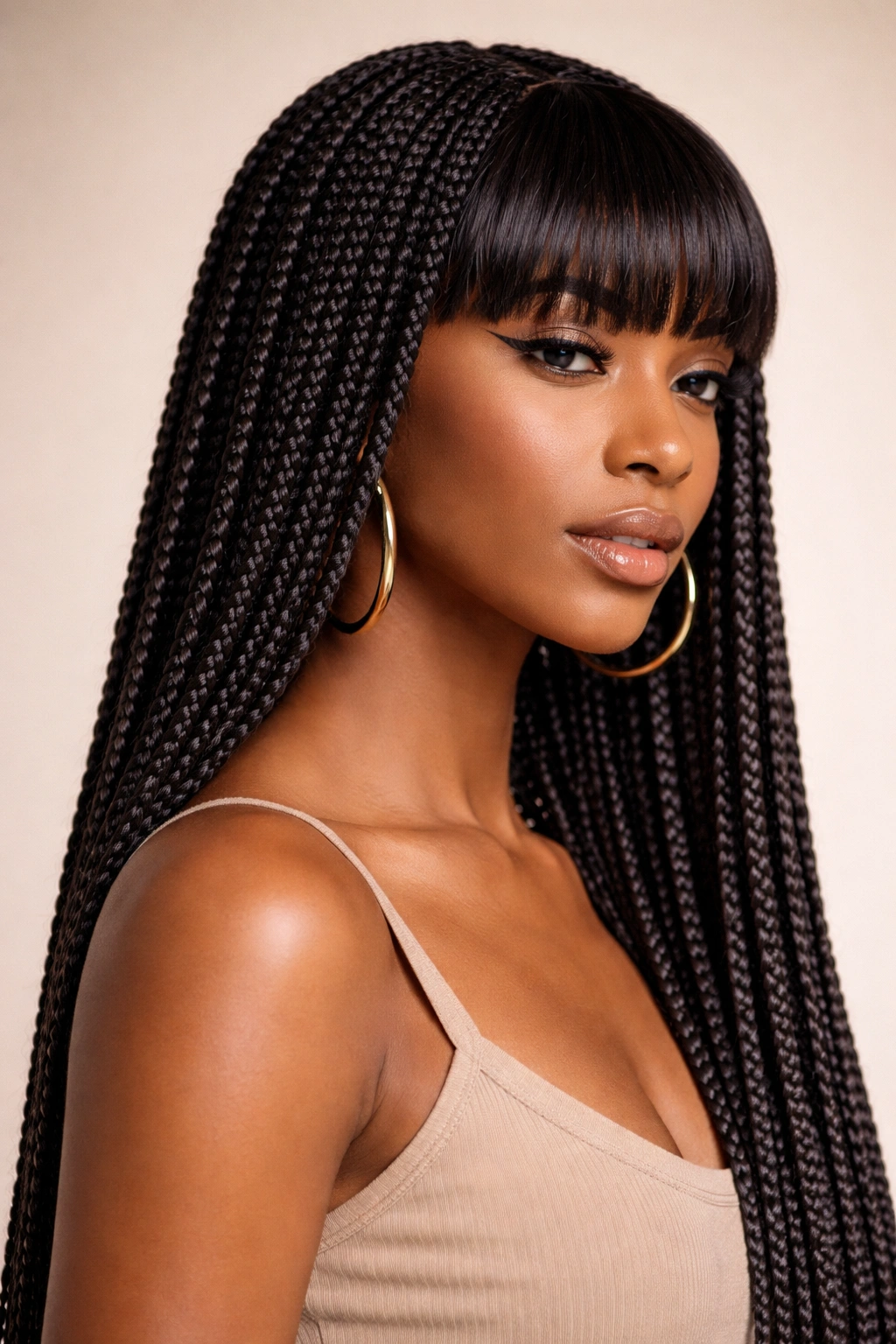 Full-head view of blunt box braids with straight bangs on Black hair