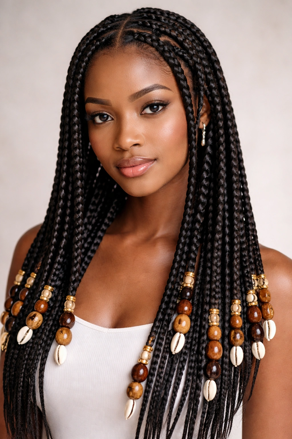 Close-up of Fulani box braids with beaded ends.